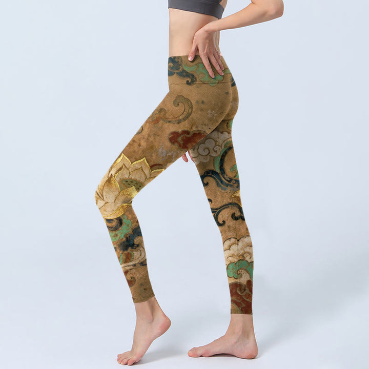 Buddha Stones Leggings da palestra con stampa tradizionale di fiori di loto e nuvole, pantaloni da yoga da donna - image 2