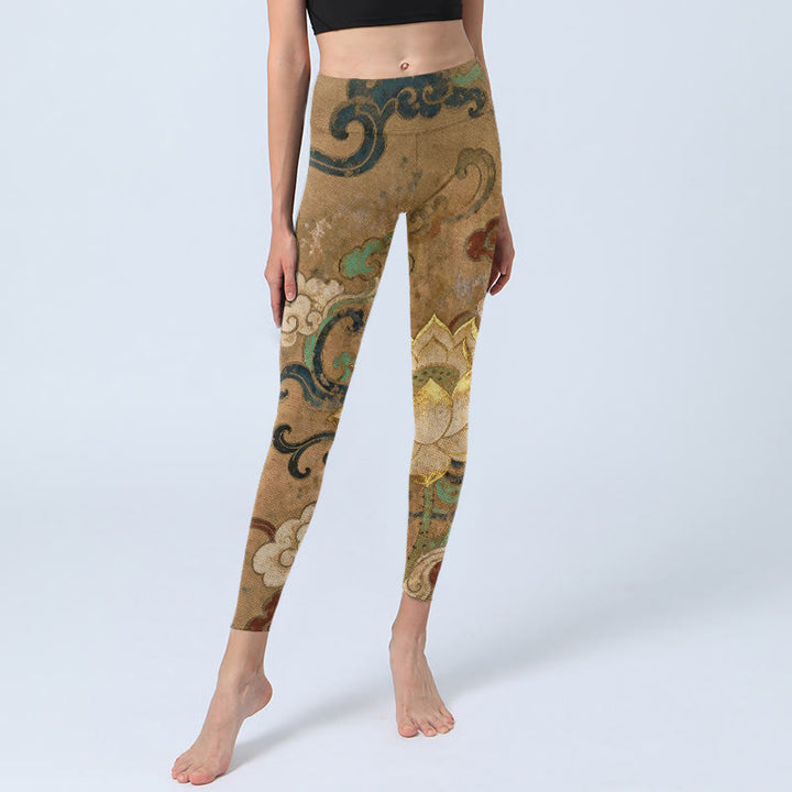 Buddha Stones Leggings da palestra con stampa tradizionale di fiori di loto e nuvole, pantaloni da yoga da donna - image 5