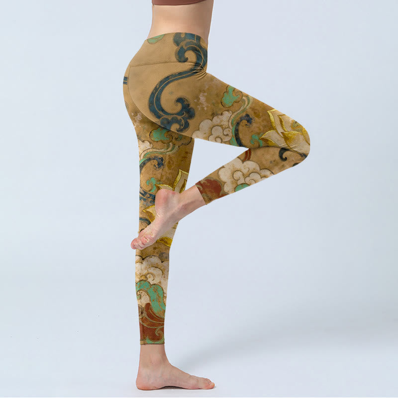 Buddha Stones Leggings da palestra con stampa tradizionale di fiori di loto e nuvole, pantaloni da yoga da donna - image 3