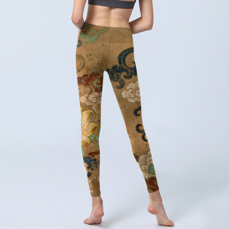 Buddha Stones Leggings da palestra con stampa tradizionale di fiori di loto e nuvole, pantaloni da yoga da donna - image 6