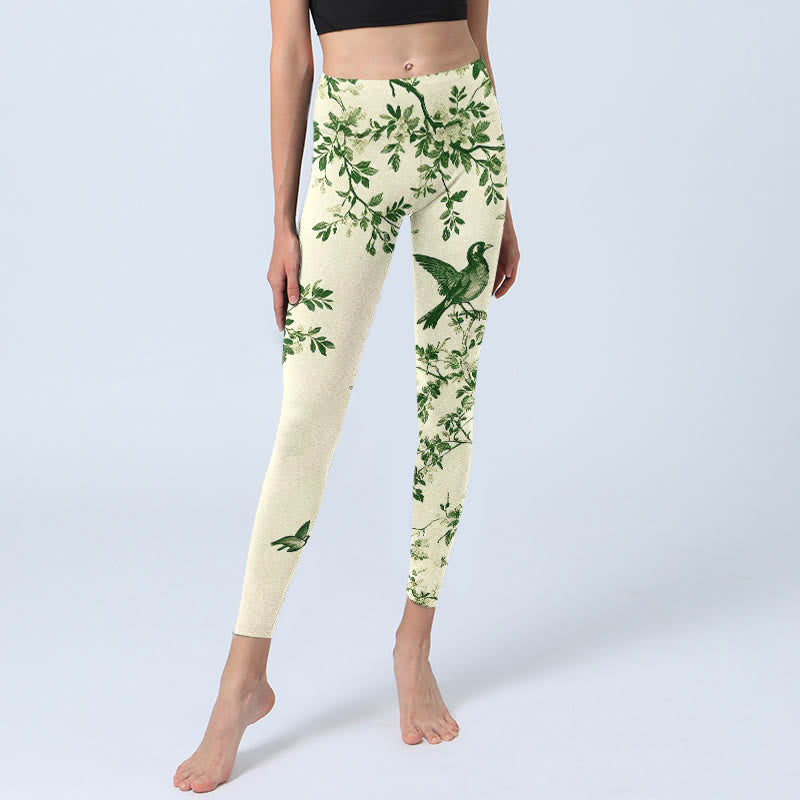 Buddha Stones Leggings da palestra con stampa di fiori e foglie di uccelli, pantaloni da yoga da donna - image 5