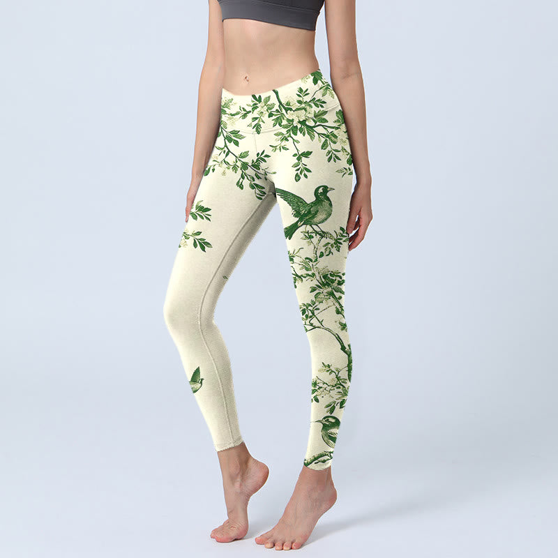 Buddha Stones Leggings da palestra con stampa di fiori e foglie di uccelli, pantaloni da yoga da donna - Beige - US18, UK/AU22, EU50 (4XL) - image 0