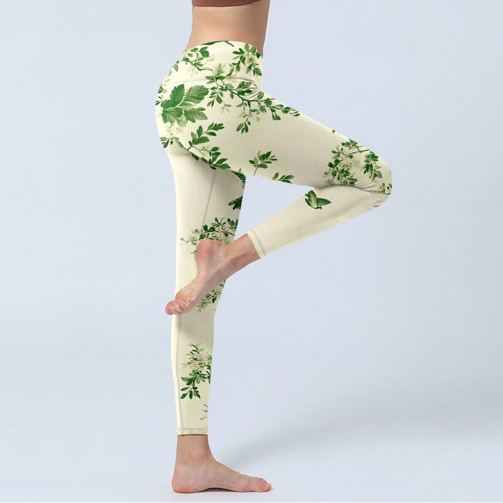 Buddha Stones Leggings da palestra con stampa di fiori e foglie di uccelli, pantaloni da yoga da donna - image 3