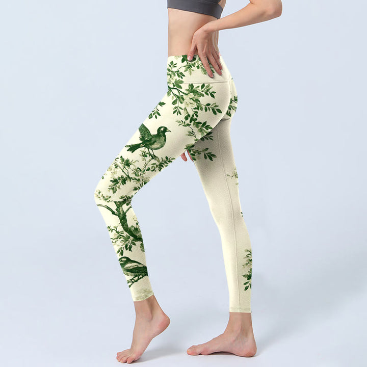 Buddha Stones Leggings da palestra con stampa di fiori e foglie di uccelli, pantaloni da yoga da donna - image 2