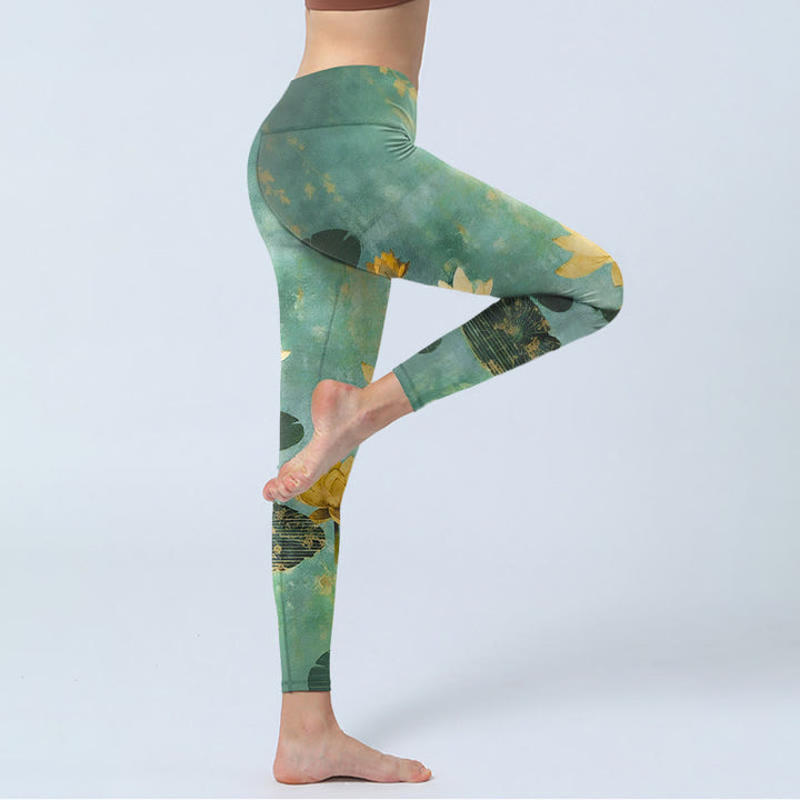 Buddha Stones Leggings da palestra con stampa classica di foglie di fiori di loto, pantaloni da yoga da donna - image 3