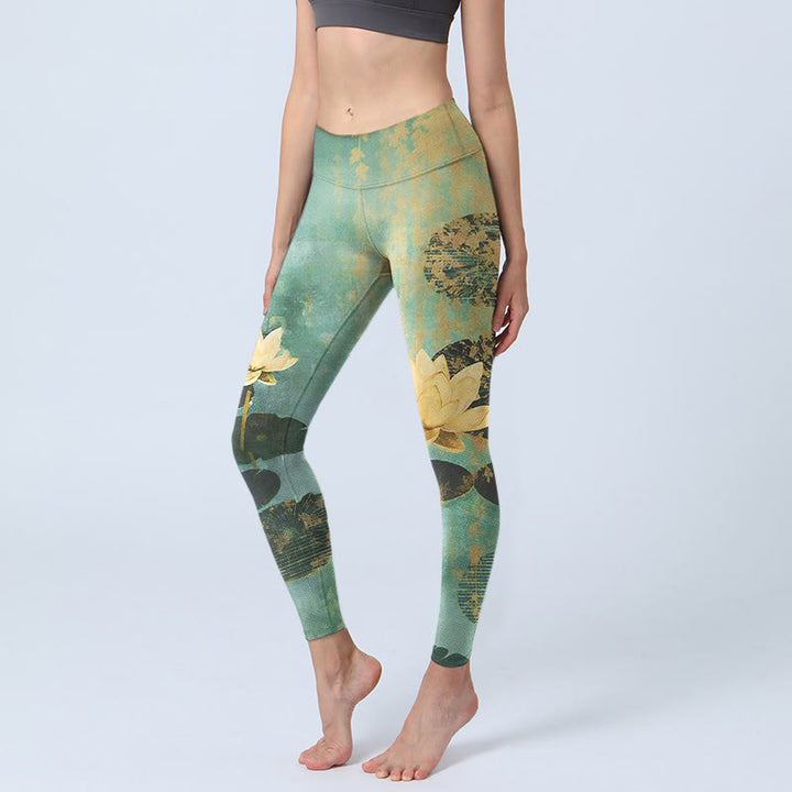Buddha Stones Leggings da palestra con stampa classica di foglie di fiori di loto, pantaloni da yoga da donna - Acquamarina media - US18, UK/AU22, EU50 (4XL) - image 0
