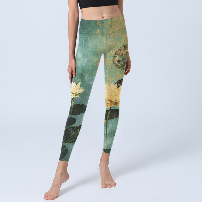 Buddha Stones Leggings da palestra con stampa classica di foglie di fiori di loto, pantaloni da yoga da donna - image 5