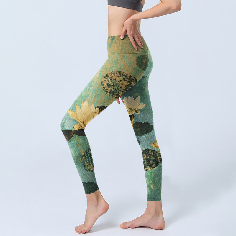 Buddha Stones Leggings da palestra con stampa classica di foglie di fiori di loto, pantaloni da yoga da donna - image 2