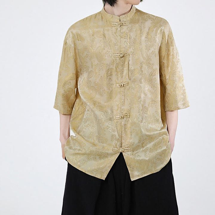 Buddha Stones Camicia da uomo estiva con motivo a foglie di vite e fiori, a mezza manica, con bottoni a rana - image 10