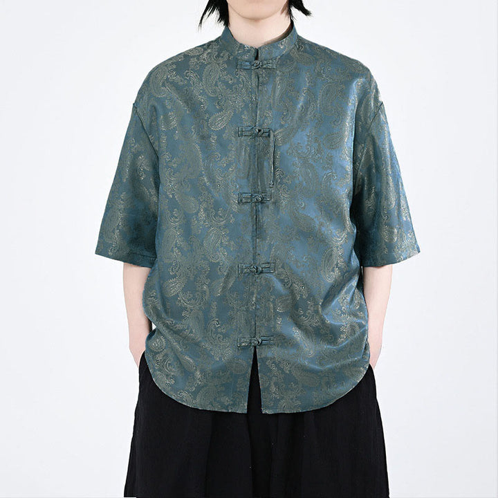 Buddha Stones Camicia da uomo estiva con motivo a foglie di vite e fiori, a mezza manica, con bottoni a rana - SteelBlue - US/UK/AU46, EU56 (5XL) - image 0