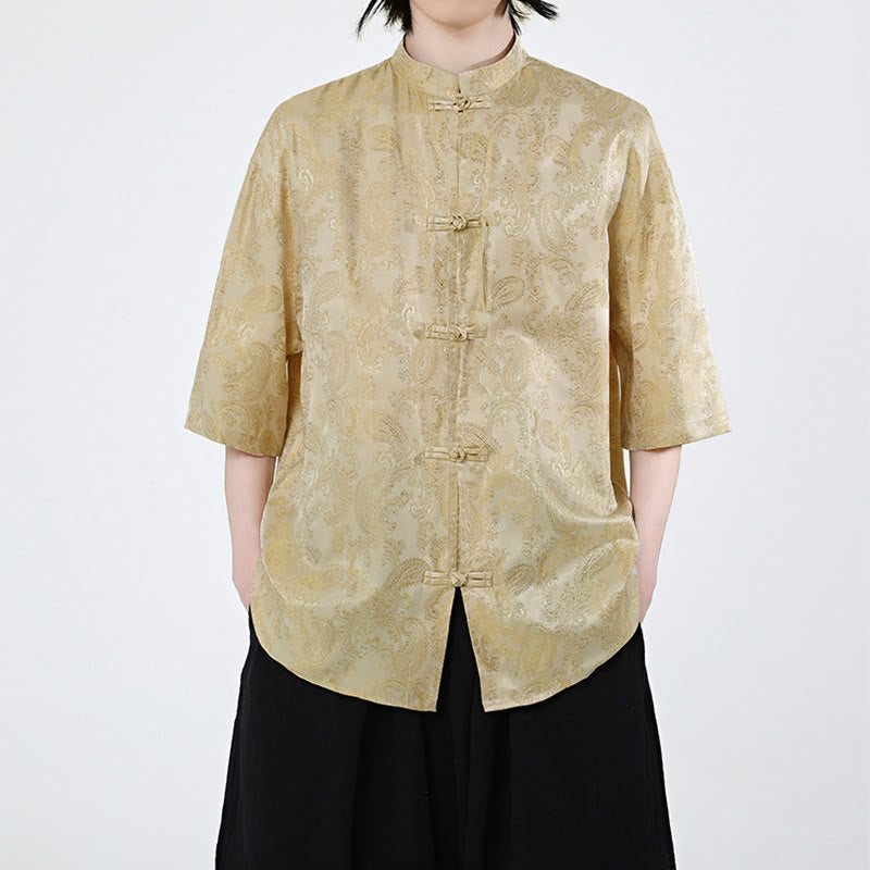 Buddha Stones Camicia da uomo estiva con motivo a foglie di vite e fiori, a mezza manica, con bottoni a rana - Oro - US/UK/AU46, EU56 (5XL) - image 8