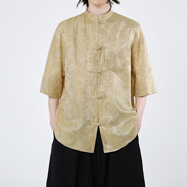 Buddha Stones Camicia da uomo estiva con motivo a foglie di vite e fiori, a mezza manica, con bottoni a rana - Oro - US/UK/AU46, EU56 (5XL) - image 8
