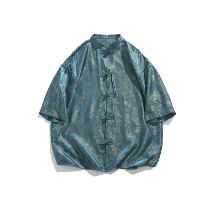 Buddha Stones Camicia da uomo estiva con motivo a foglie di vite e fiori, a mezza manica, con bottoni a rana - image 7