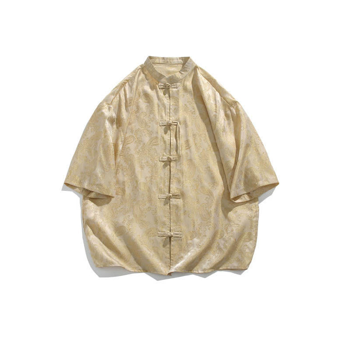 Buddha Stones Camicia da uomo estiva con motivo a foglie di vite e fiori, a mezza manica, con bottoni a rana - image 14