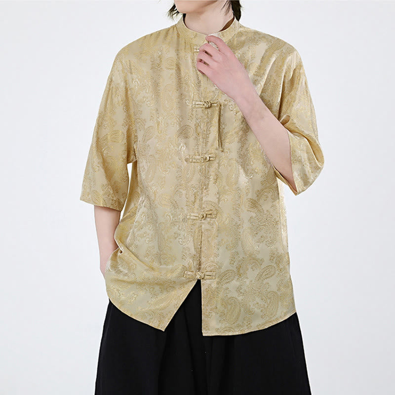 Buddha Stones Camicia da uomo estiva con motivo a foglie di vite e fiori, a mezza manica, con bottoni a rana - image 13