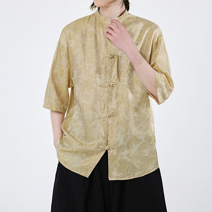 Buddha Stones Camicia da uomo estiva con motivo a foglie di vite e fiori, a mezza manica, con bottoni a rana - image 13