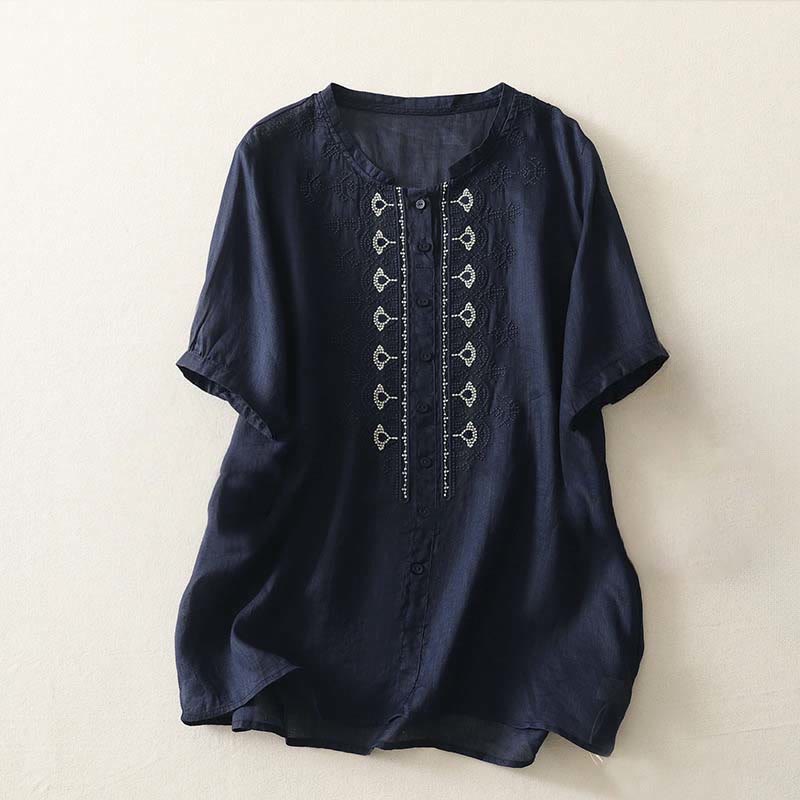 Buddha Stones Camicia da donna in poliestere con maniche corte e scollo rotondo con motivo floreale estivo - Blu notte - US12, UK/AU16, EU44 (2XL) - image 0