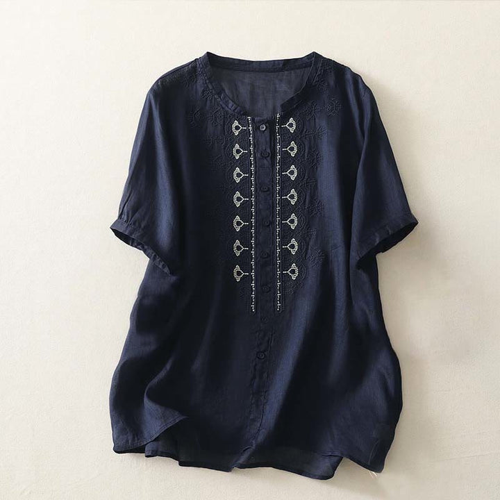 Buddha Stones Camicia da donna in poliestere con maniche corte e scollo rotondo con motivo floreale estivo - Blu notte - US12, UK/AU16, EU44 (2XL) - image 0