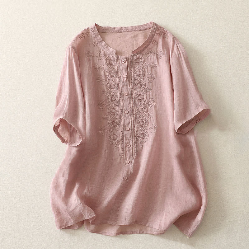 Buddha Stones Camicia da donna in poliestere con maniche corte e scollo rotondo con motivo floreale estivo - Rosa - US12, UK/AU16, EU44 (2XL) - image 5