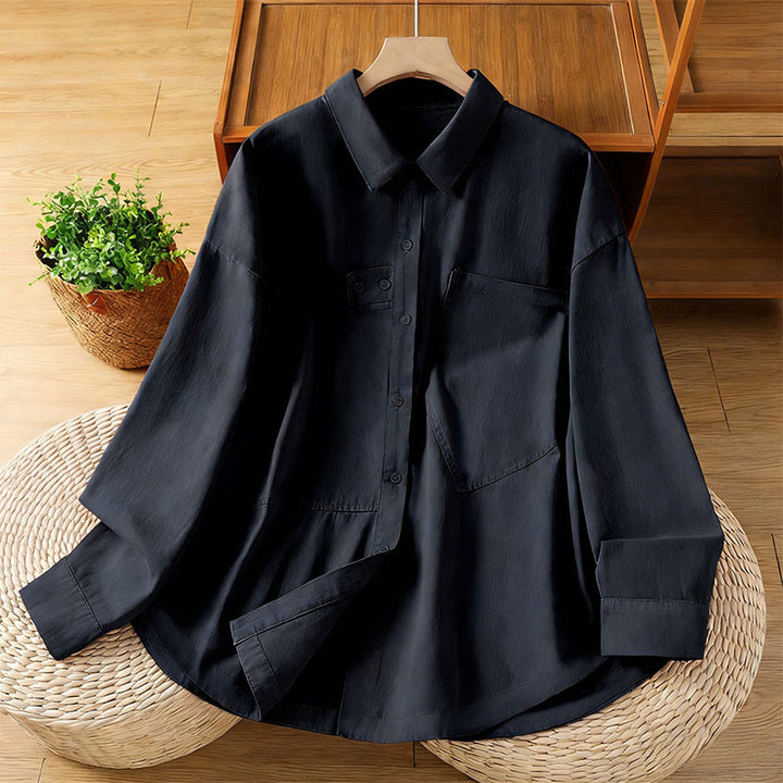 Buddha Stones Camicia da donna in cotone a maniche lunghe con risvolto semplice e tasche - Nero - US12, UK/AU16, EU44 (2XL) - image 10