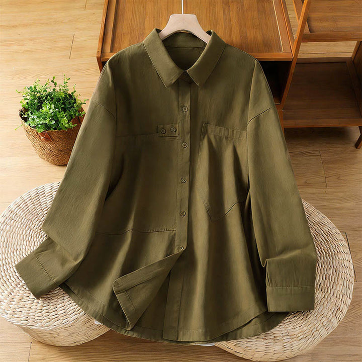 Buddha Stones Camicia da donna in cotone a maniche lunghe con risvolto semplice e tasche - Oliva - US12, UK/AU16, EU44 (2XL) - image 19