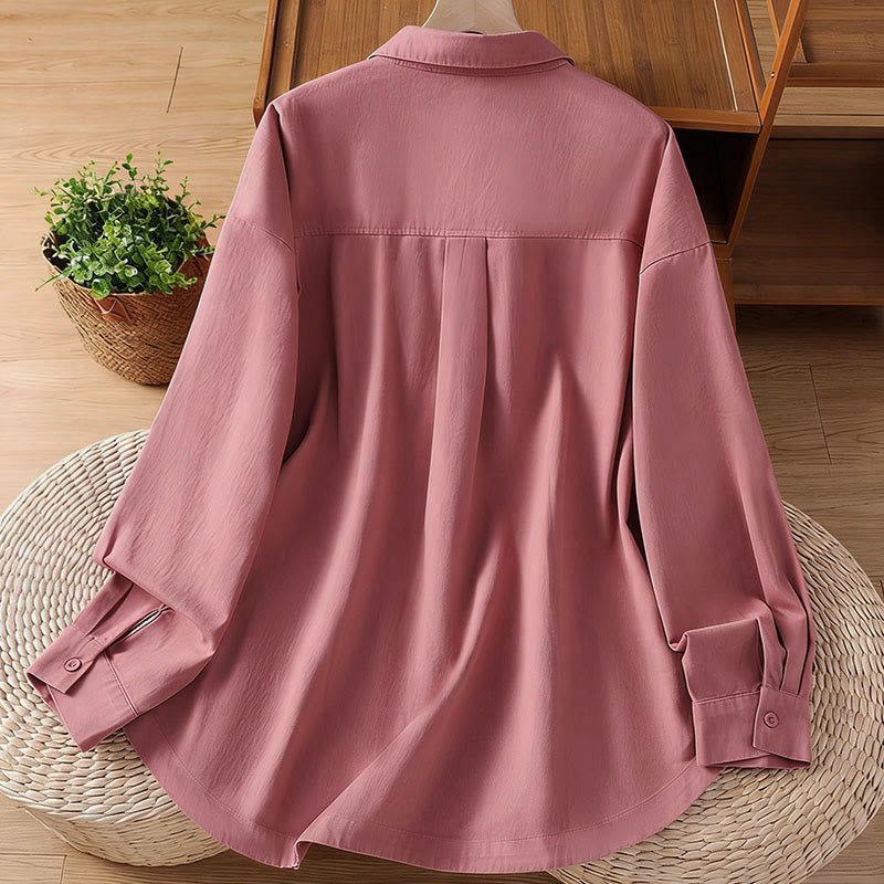 Buddha Stones Camicia da donna in cotone a maniche lunghe con risvolto semplice e tasche - image 2