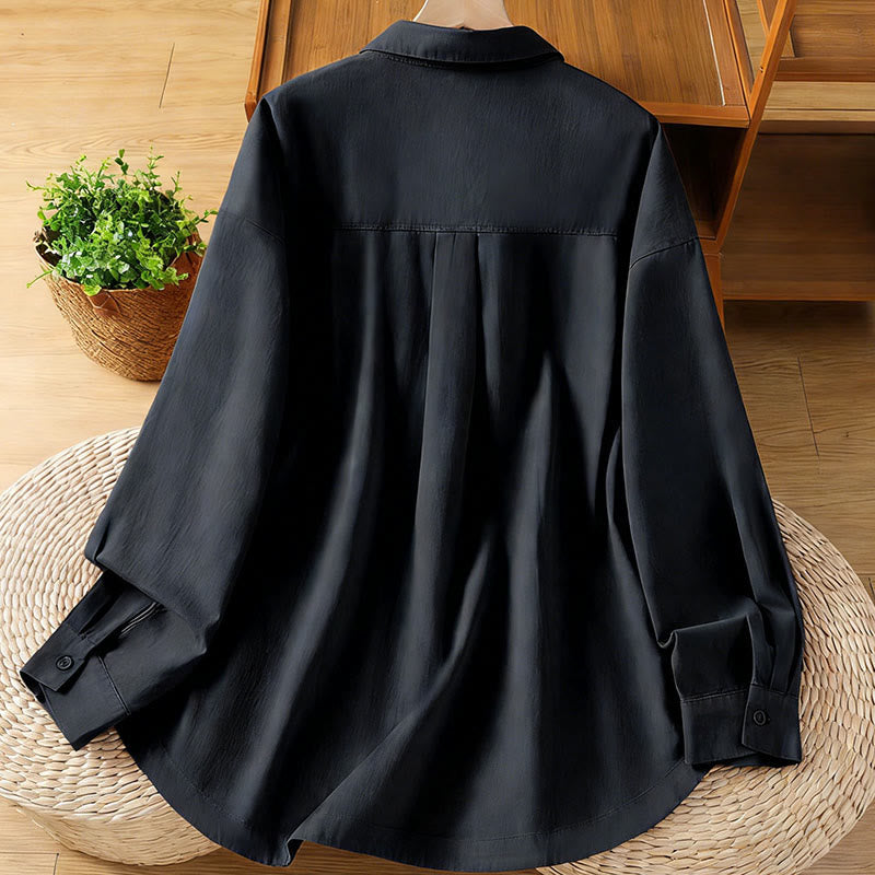 Buddha Stones Camicia da donna in cotone a maniche lunghe con risvolto semplice e tasche - image 11