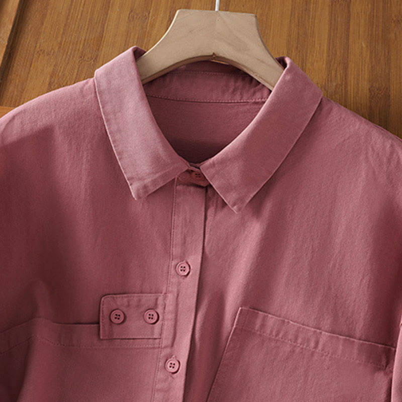 Buddha Stones Camicia da donna in cotone a maniche lunghe con risvolto semplice e tasche - image 3