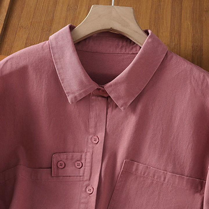Buddha Stones Camicia da donna in cotone a maniche lunghe con risvolto semplice e tasche - image 3