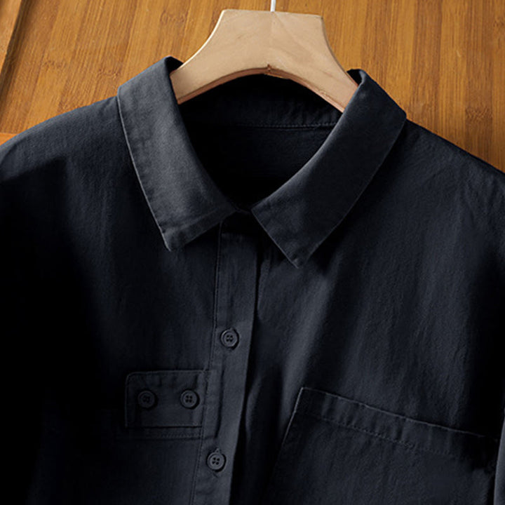 Buddha Stones Camicia da donna in cotone a maniche lunghe con risvolto semplice e tasche - image 15