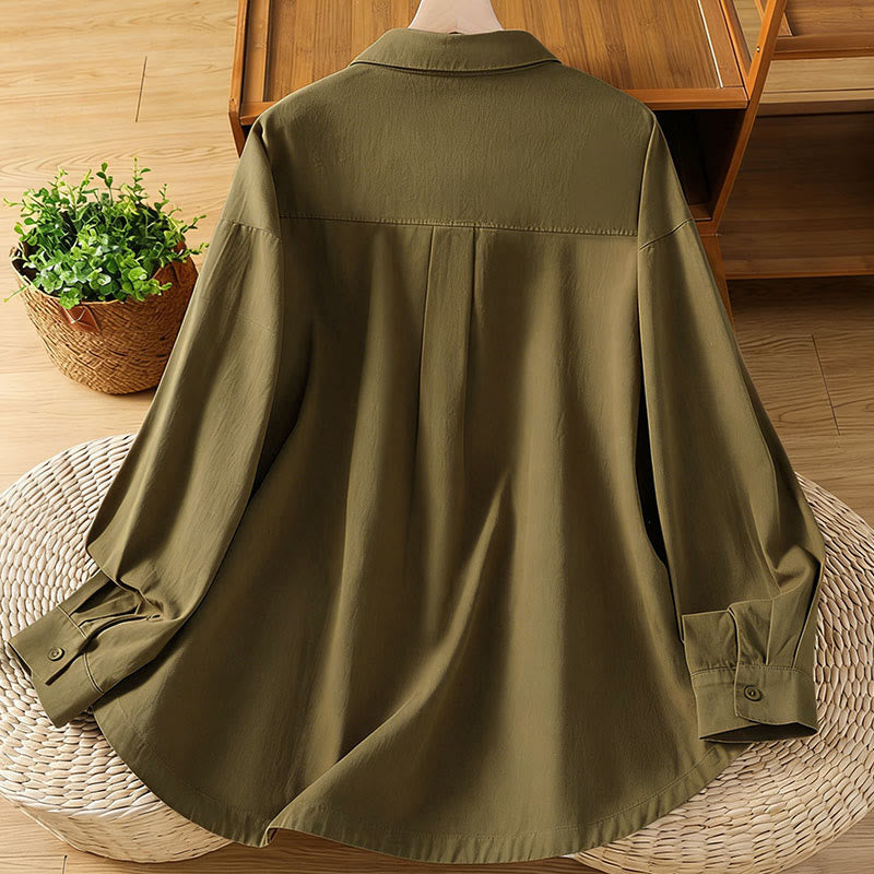 Buddha Stones Camicia da donna in cotone a maniche lunghe con risvolto semplice e tasche - image 27