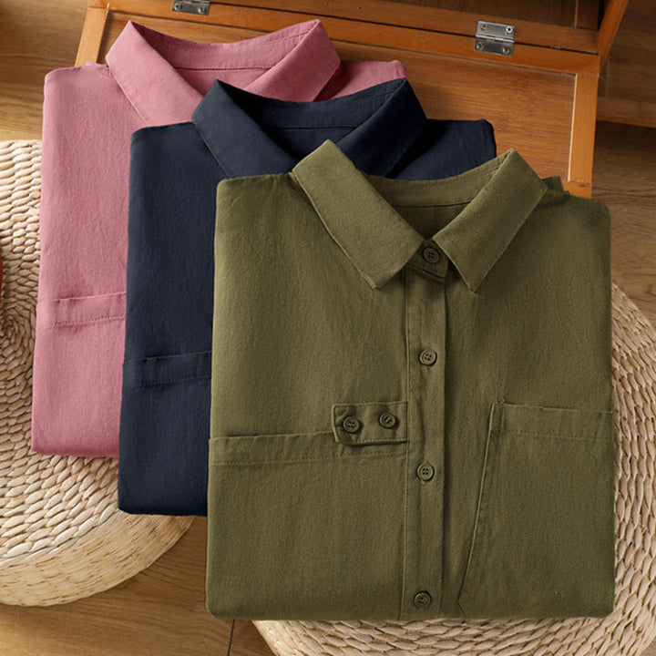 Buddha Stones Camicia da donna in cotone a maniche lunghe con risvolto semplice e tasche - image 28