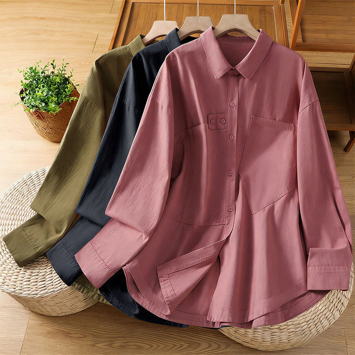 Buddha Stones Camicia da donna in cotone a maniche lunghe con risvolto semplice e tasche - image 29