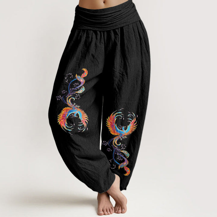 Buddha Stones Pantaloni harem da donna in puro cotone con elastico in vita e motivo fenice - Nero - US16, UK/AU20, EU48 (3XL) - image 0