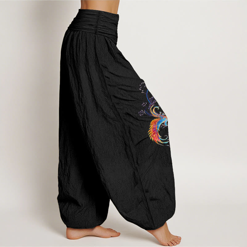 Buddha Stones Pantaloni harem da donna in puro cotone con elastico in vita e motivo fenice - image 2