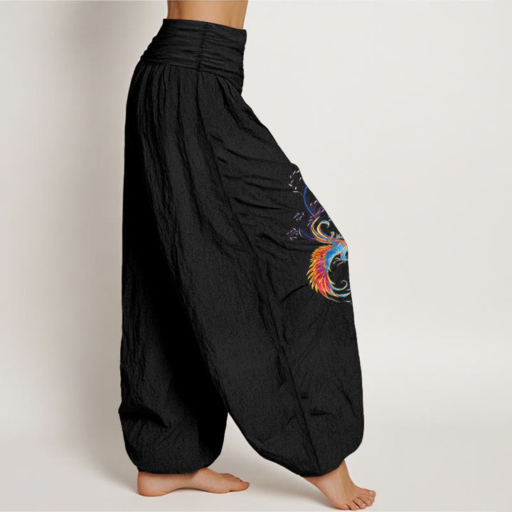 Buddha Stones Pantaloni harem da donna in puro cotone con elastico in vita e motivo fenice - image 2
