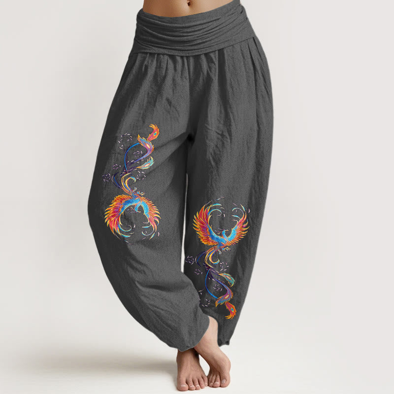 Buddha Stones Pantaloni harem da donna in puro cotone con elastico in vita e motivo fenice - Grigio scuro - US16, UK/AU20, EU48 (3XL) - image 8