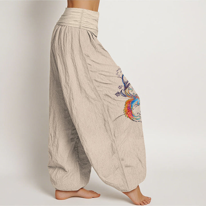 Buddha Stones Pantaloni harem da donna in puro cotone con elastico in vita e motivo fenice - image 13