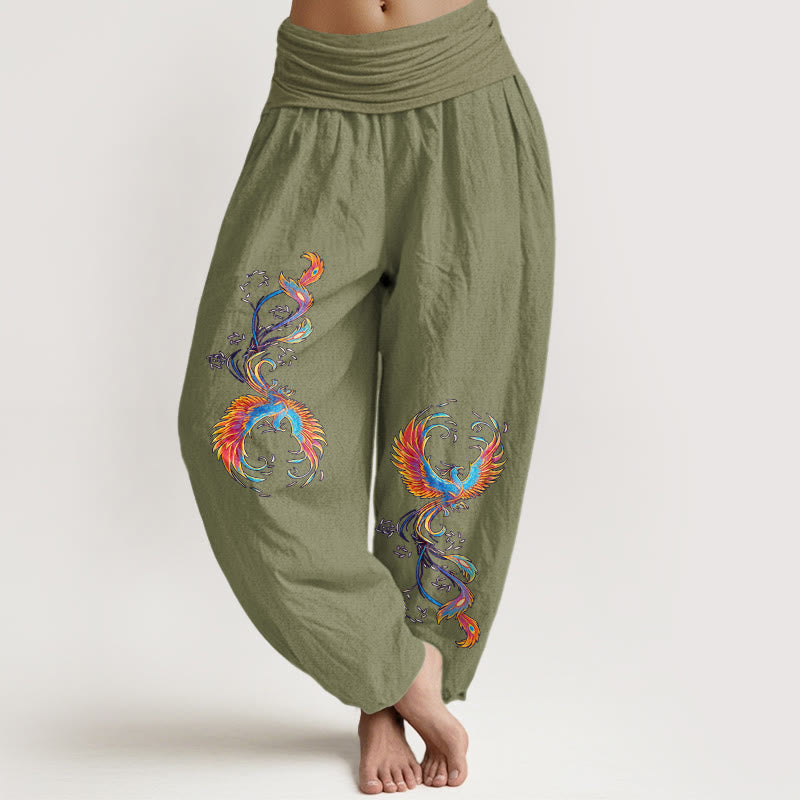 Buddha Stones Pantaloni harem da donna in puro cotone con elastico in vita e motivo fenice - Verde oliva - US16, UK/AU20, EU48 (3XL) - image 14
