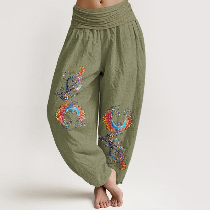 Buddha Stones Pantaloni harem da donna in puro cotone con elastico in vita e motivo fenice - Verde oliva - US16, UK/AU20, EU48 (3XL) - image 14