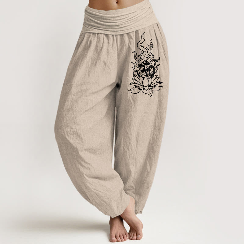 Buddha Stones Pantaloni harem da donna con elastico in vita, modello minimalista con simbolo Om e fiamma di loto, in puro cotone - image 11