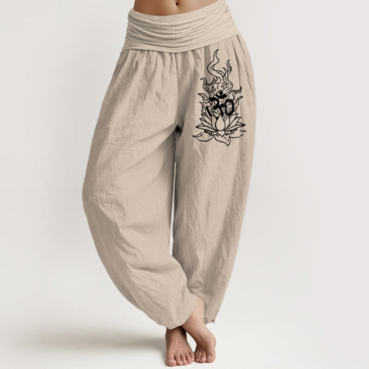 Buddha Stones Pantaloni harem da donna con elastico in vita, modello minimalista con simbolo Om e fiamma di loto, in puro cotone - image 11