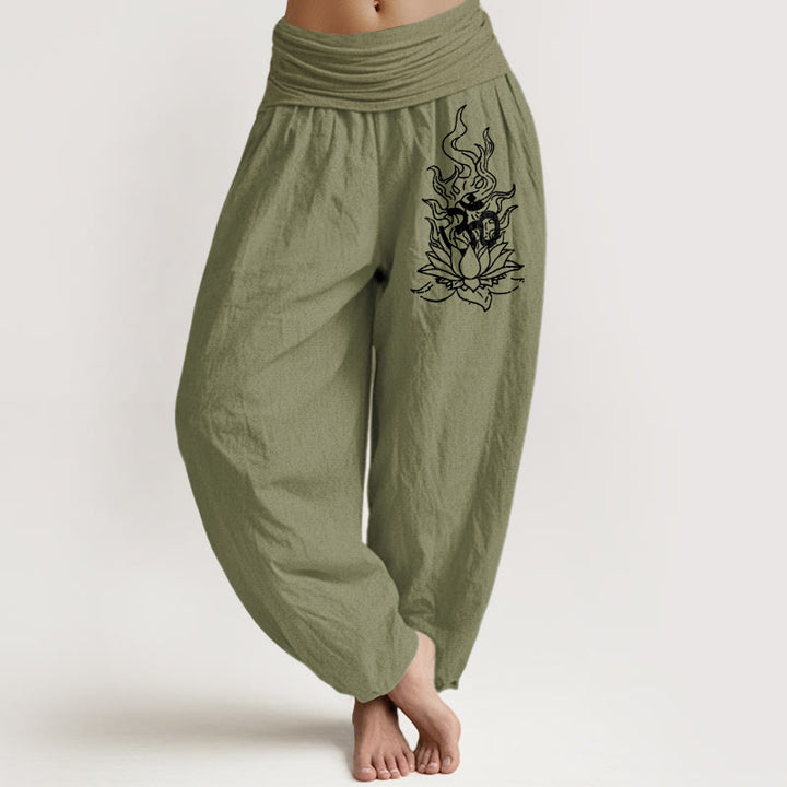 Buddha Stones Pantaloni harem da donna con elastico in vita, modello minimalista con simbolo Om e fiamma di loto, in puro cotone - image 14