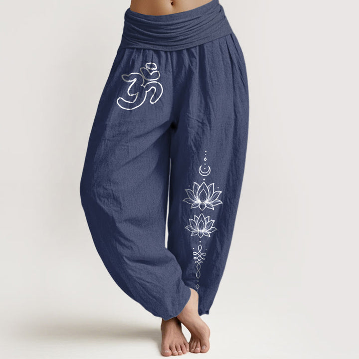 Buddha Stones Pantaloni harem da donna con elastico in vita, modello minimalista con simbolo Om e luna, in puro cotone - DarkSlateBlue - US16, UK/AU20, EU48 (3XL) - image 5