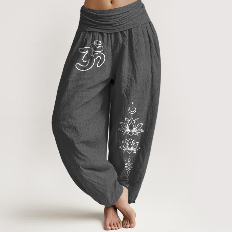 Buddha Stones Pantaloni harem da donna con elastico in vita, modello minimalista con simbolo Om e luna, in puro cotone - Grigio scuro - US16, UK/AU20, EU48 (3XL) - image 8