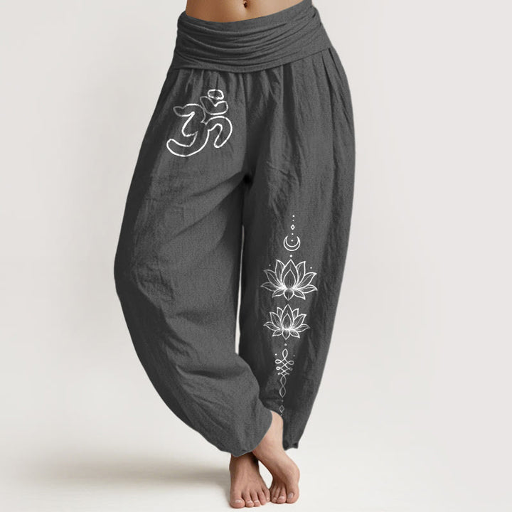 Buddha Stones Pantaloni harem da donna con elastico in vita, modello minimalista con simbolo Om e luna, in puro cotone - Grigio scuro - US16, UK/AU20, EU48 (3XL) - image 8