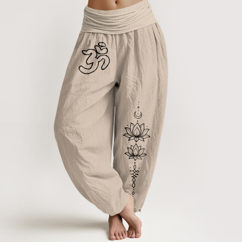 Buddha Stones Pantaloni harem da donna con elastico in vita, modello minimalista con simbolo Om e luna, in puro cotone - Abbronzatura - US16, UK/AU20, EU48 (3XL) - image 11