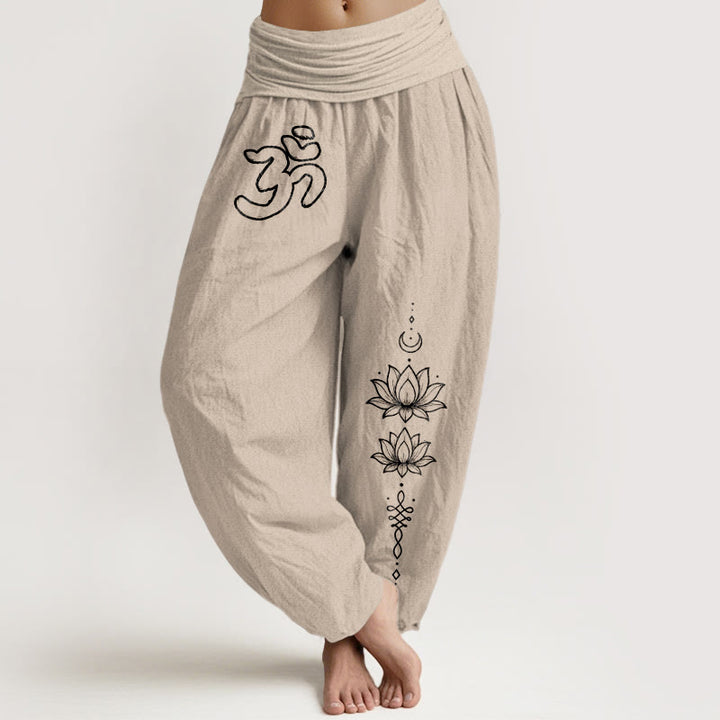 Buddha Stones Pantaloni harem da donna con elastico in vita, modello minimalista con simbolo Om e luna, in puro cotone - Abbronzatura - US16, UK/AU20, EU48 (3XL) - image 11