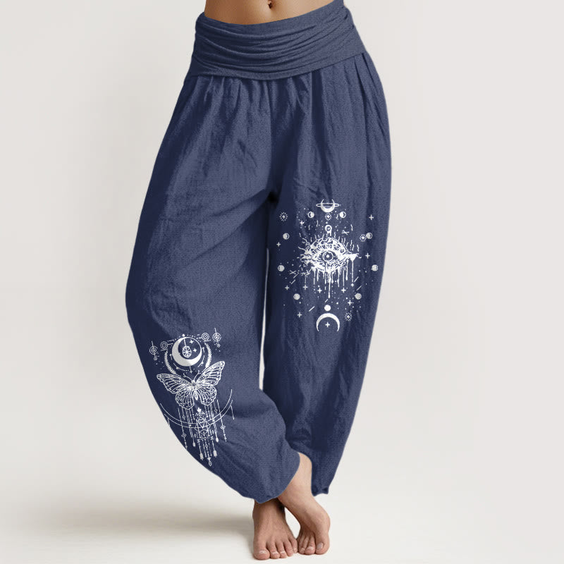 Buddha Stones Pantaloni harem da donna con elastico in vita, modello minimalista con occhio di luna e farfalla, in puro cotone - DarkSlateBlue - US16, UK/AU20, EU48 (3XL) - image 0