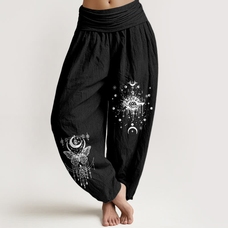 Buddha Stones Pantaloni harem da donna con elastico in vita, modello minimalista con occhio di luna e farfalla, in puro cotone - Nero - US16, UK/AU20, EU48 (3XL) - image 5